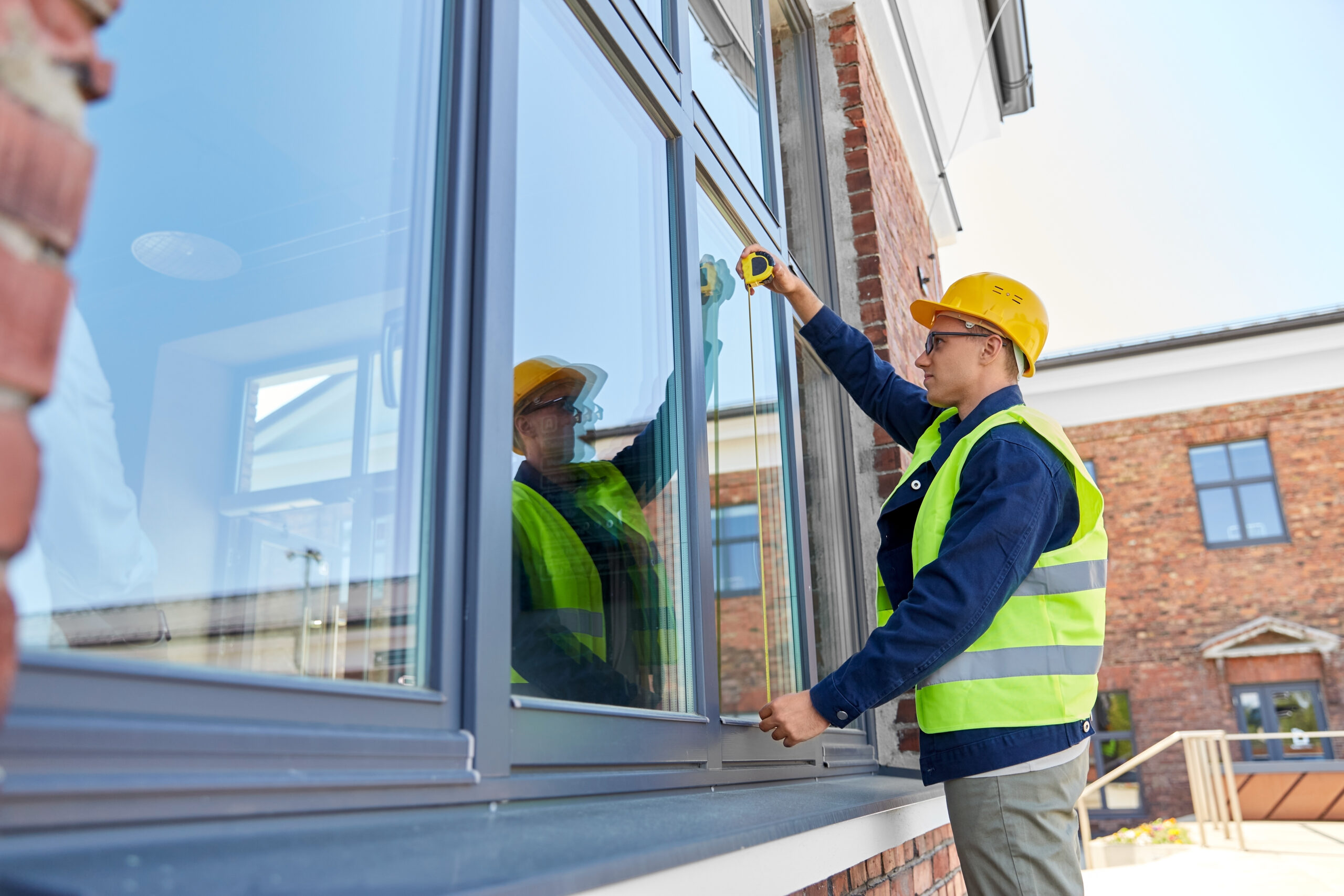 construction business and building concept - male builder with ruler measuring window