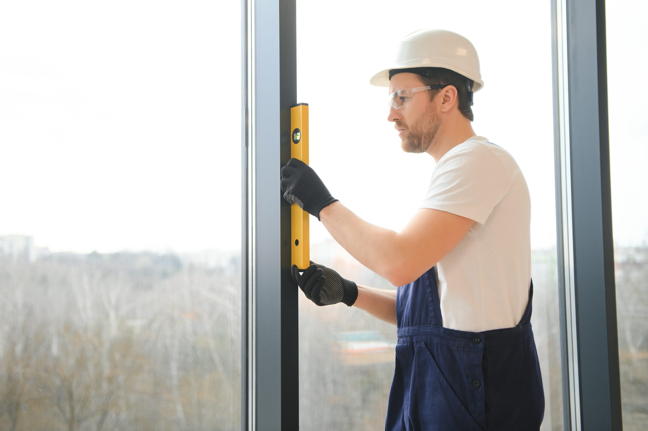 Construction worker installing window in house