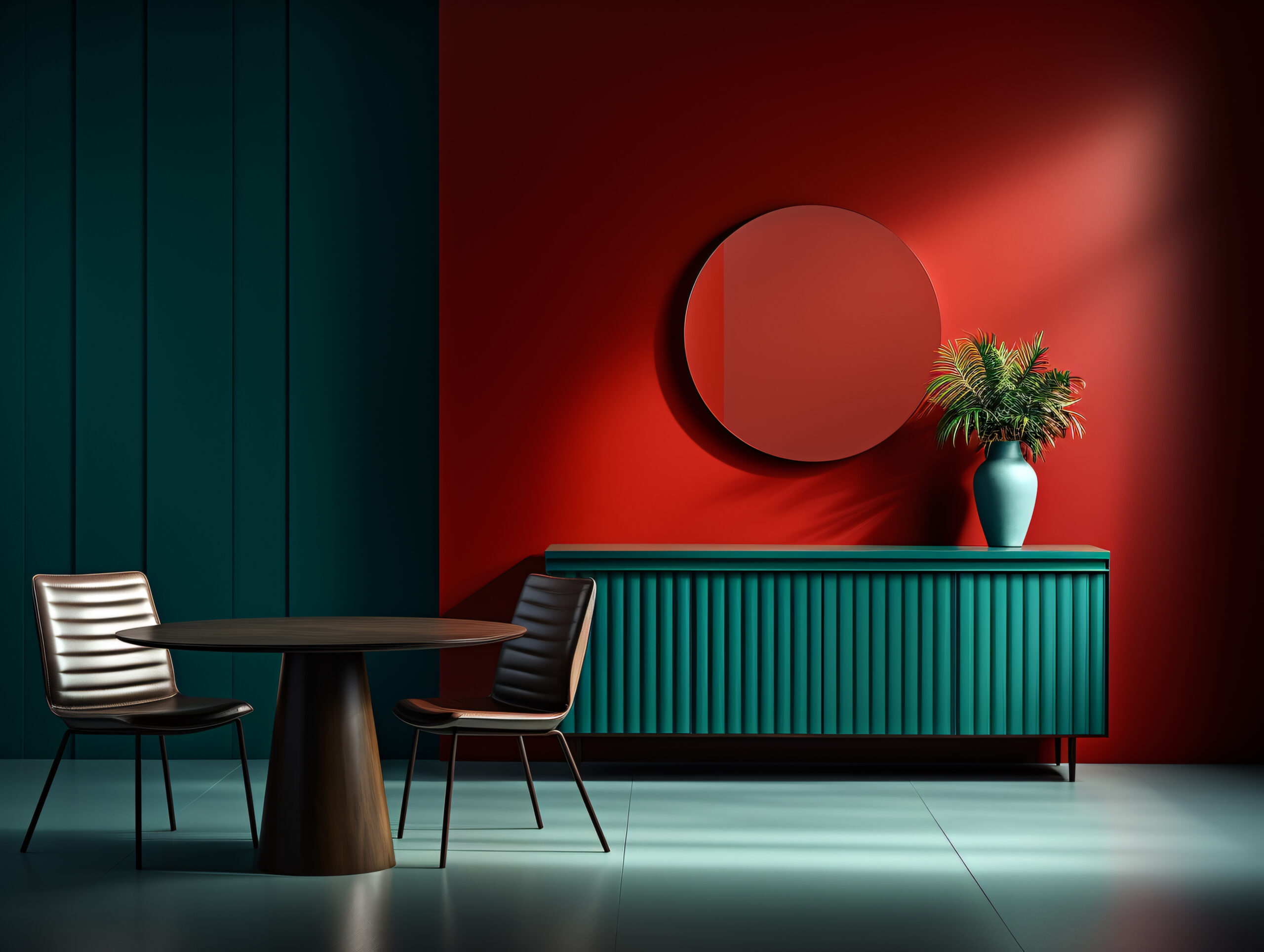 Minimalist living room with red and green wall